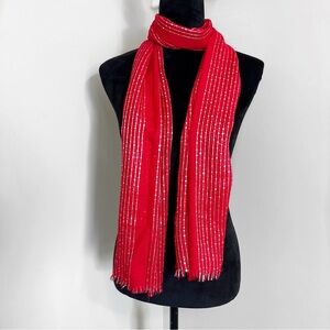 Chico's Red Scarf Fringe End Hems Glitter Stripe Details